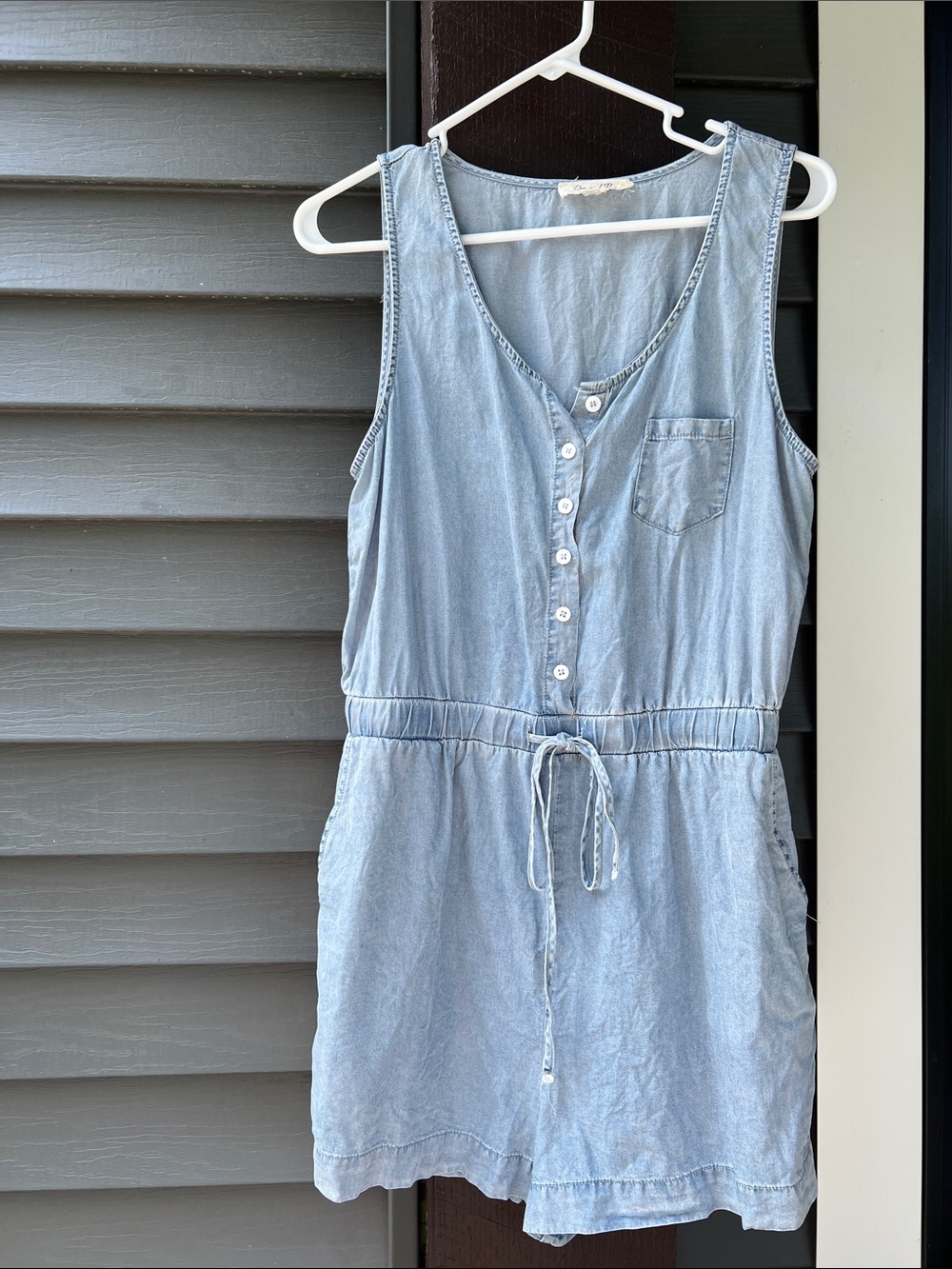 Sleeveless Light Blue Chambray Drawstring Dress